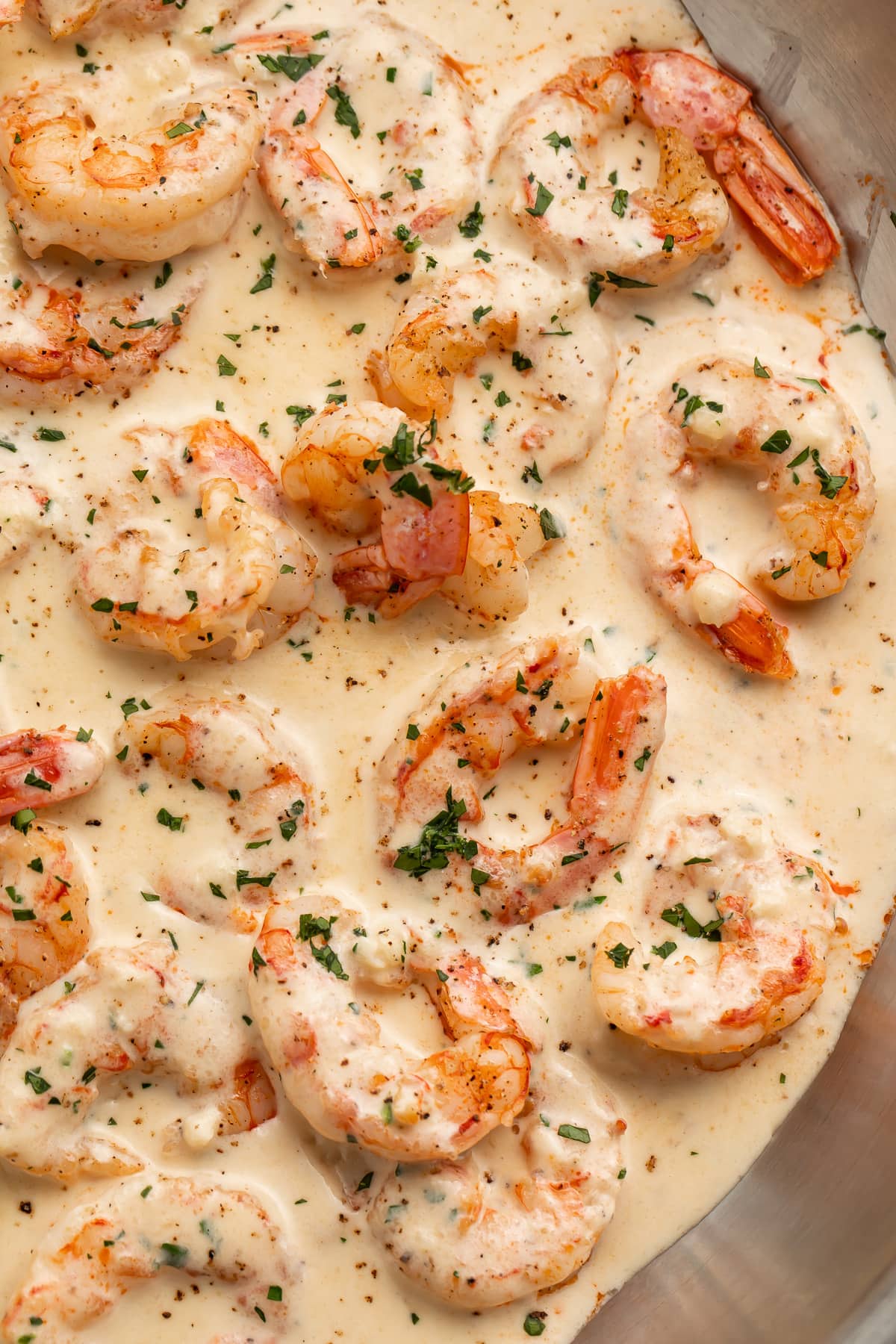 Cooked garlic shrimp in a rich cream sauce, in a large silver skillet.