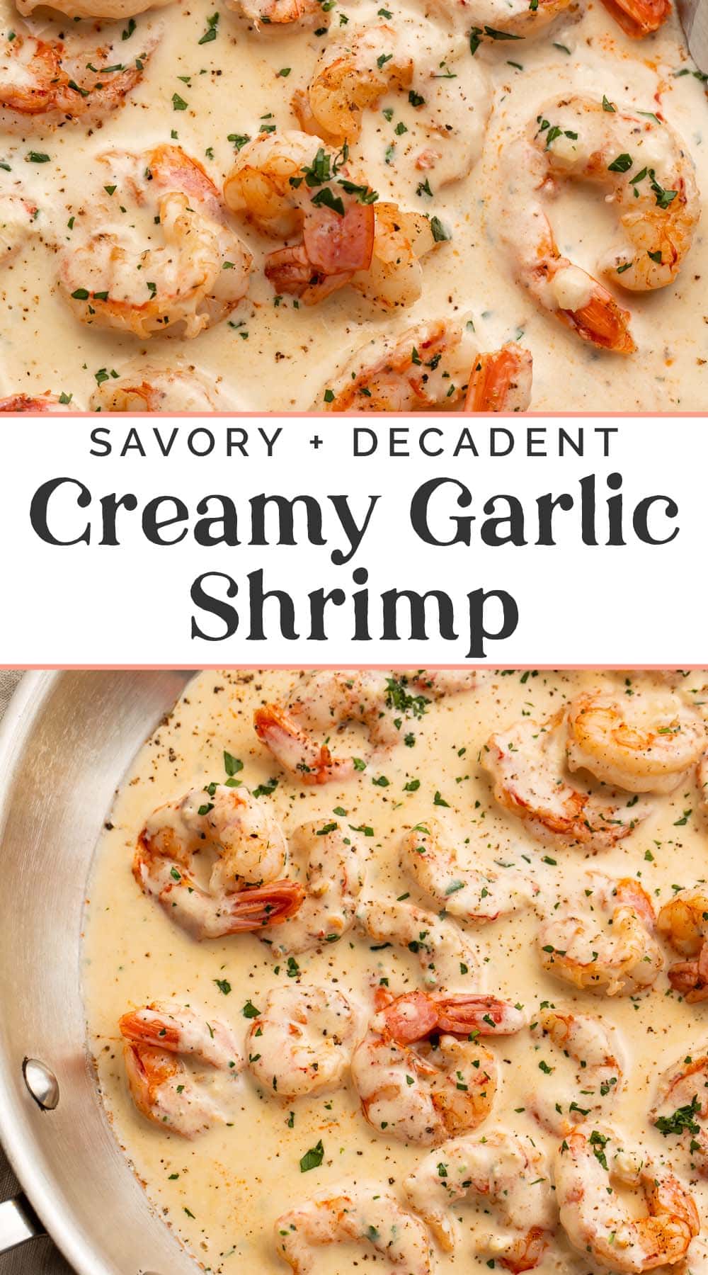 Pin graphic for creamy garlic shrimp.