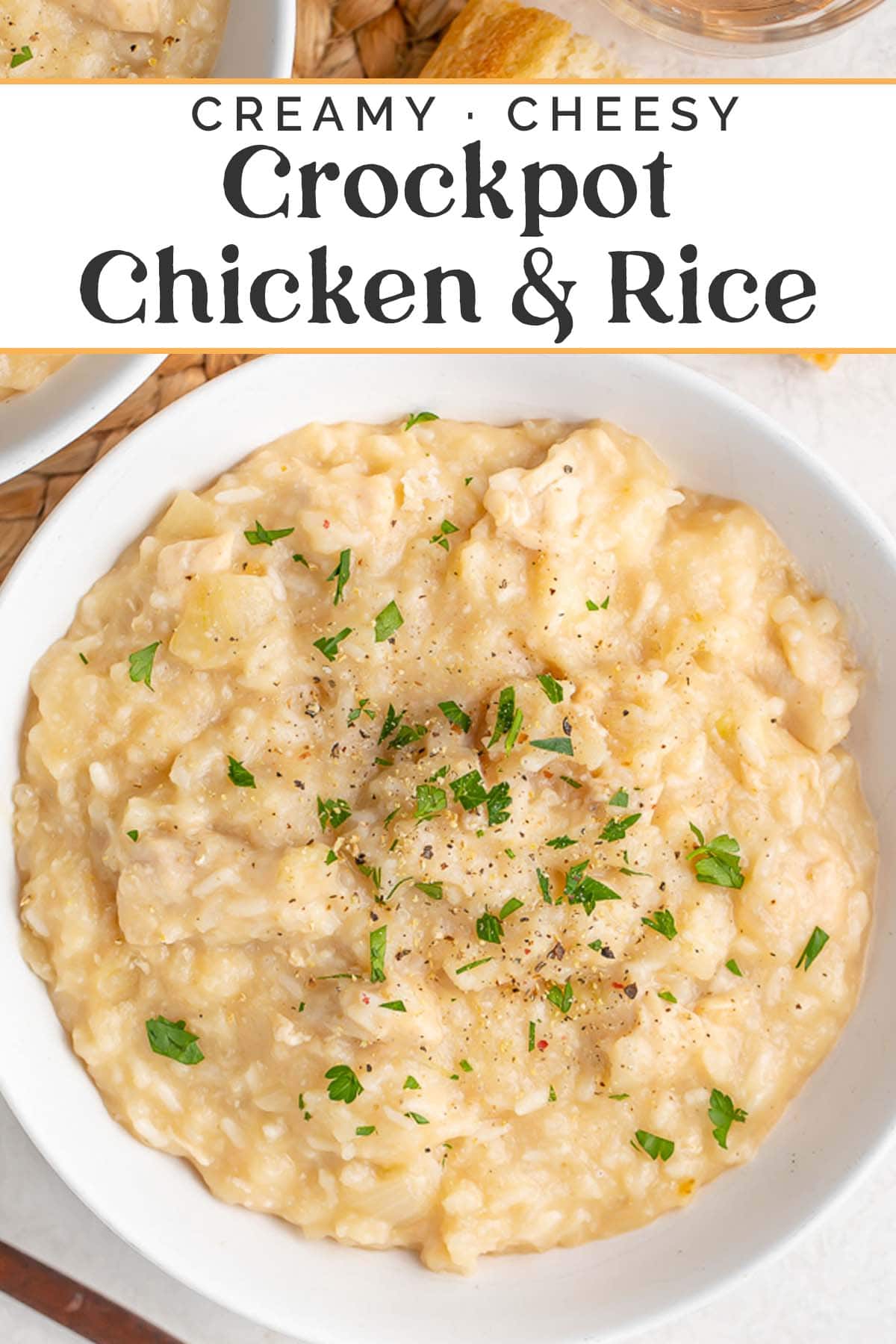 Pin graphic for Crockpot chicken and rice.