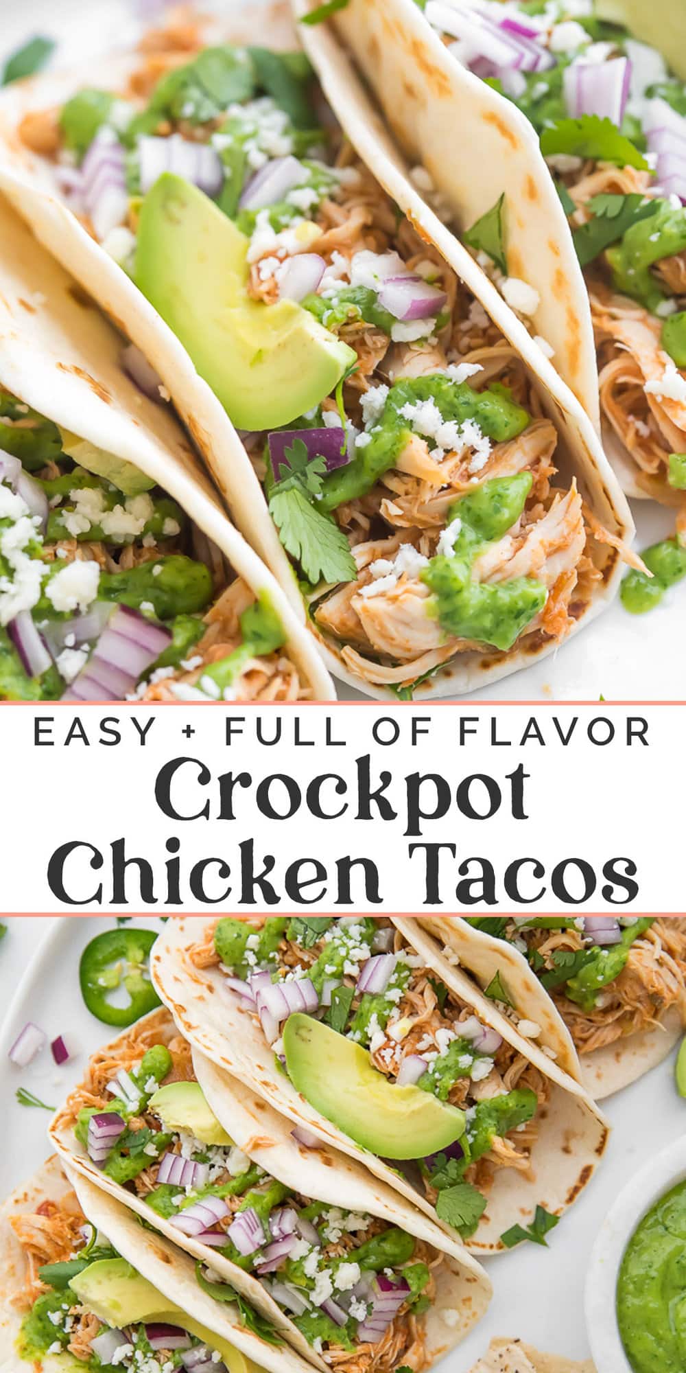 Pin graphic for Crockpot chicken tacos.