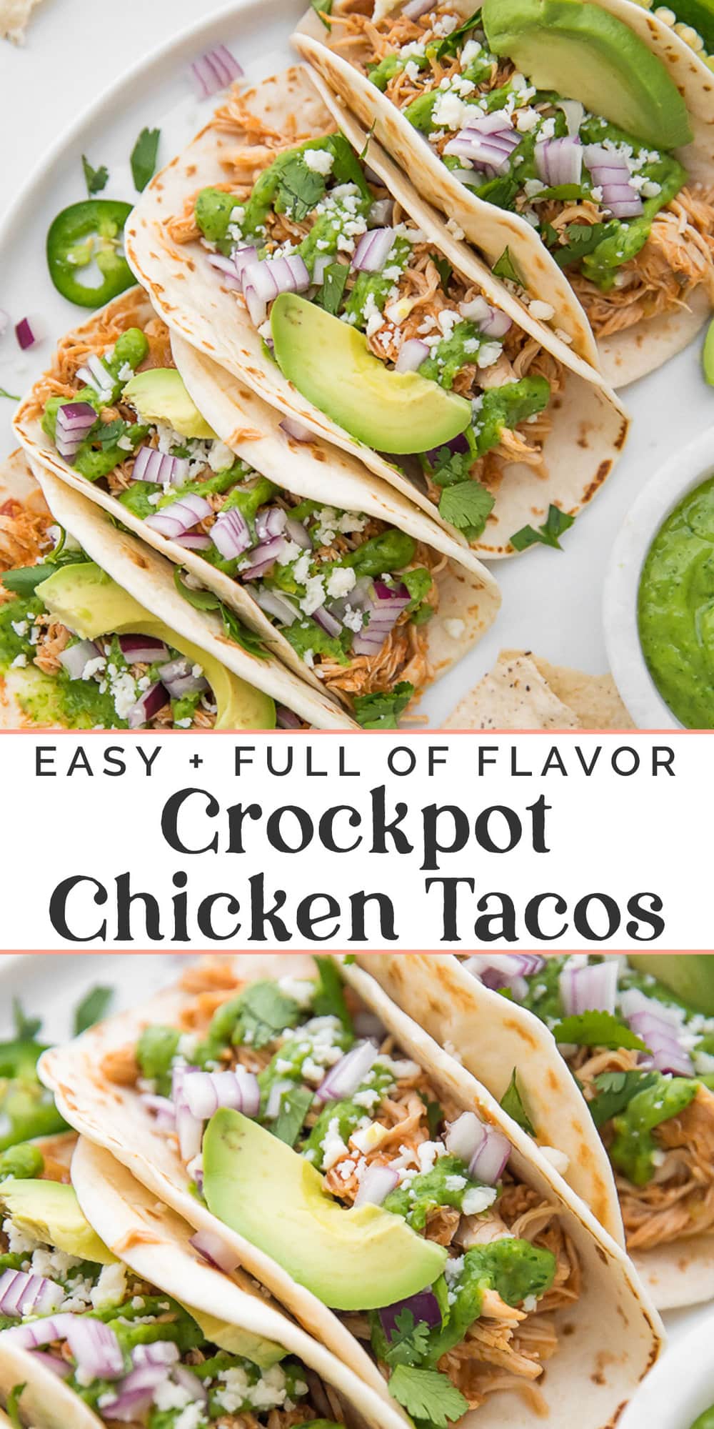 Pin graphic for Crockpot chicken tacos.