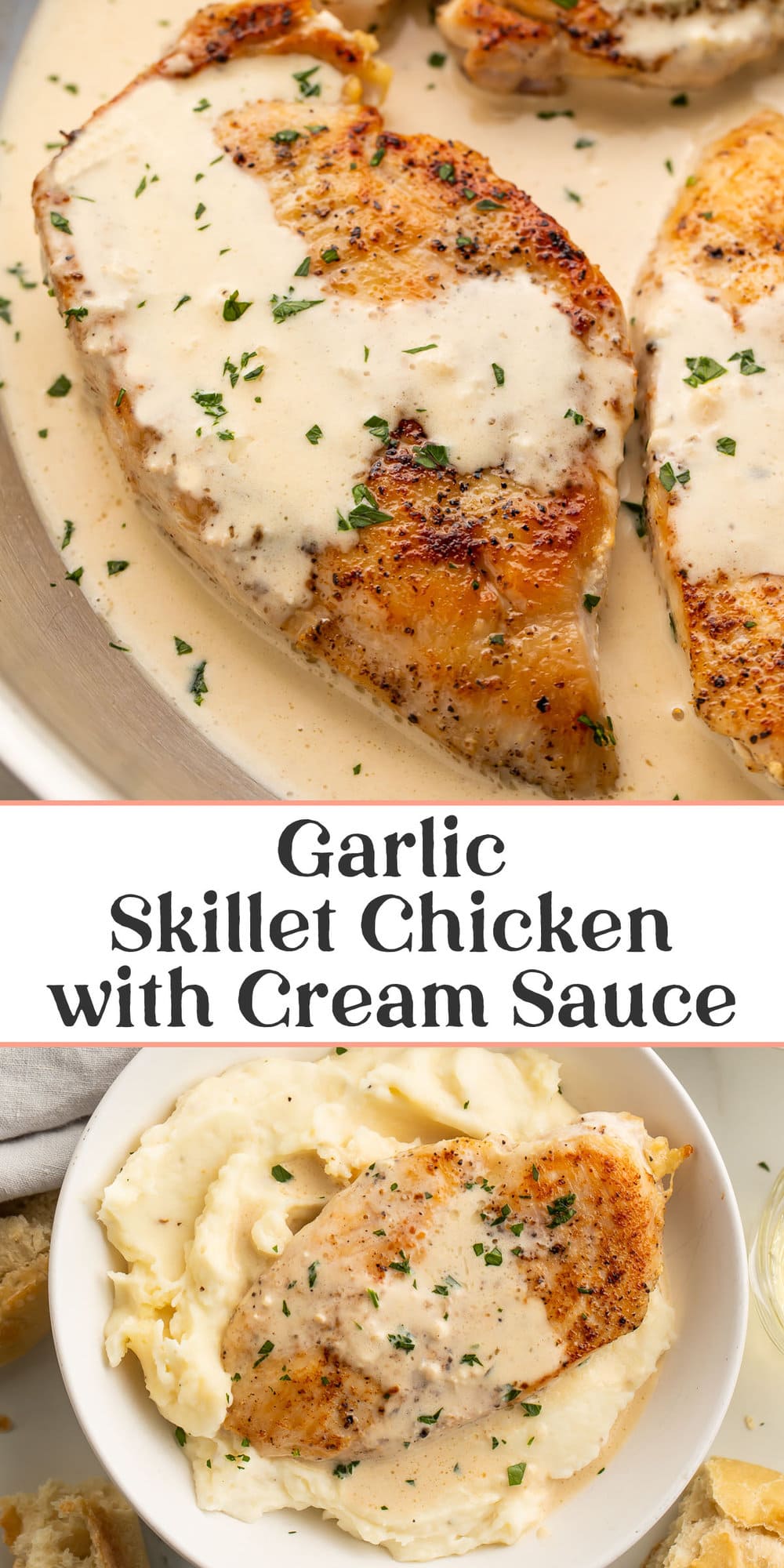 Pin graphic for garlic cream cheese skillet chicken.