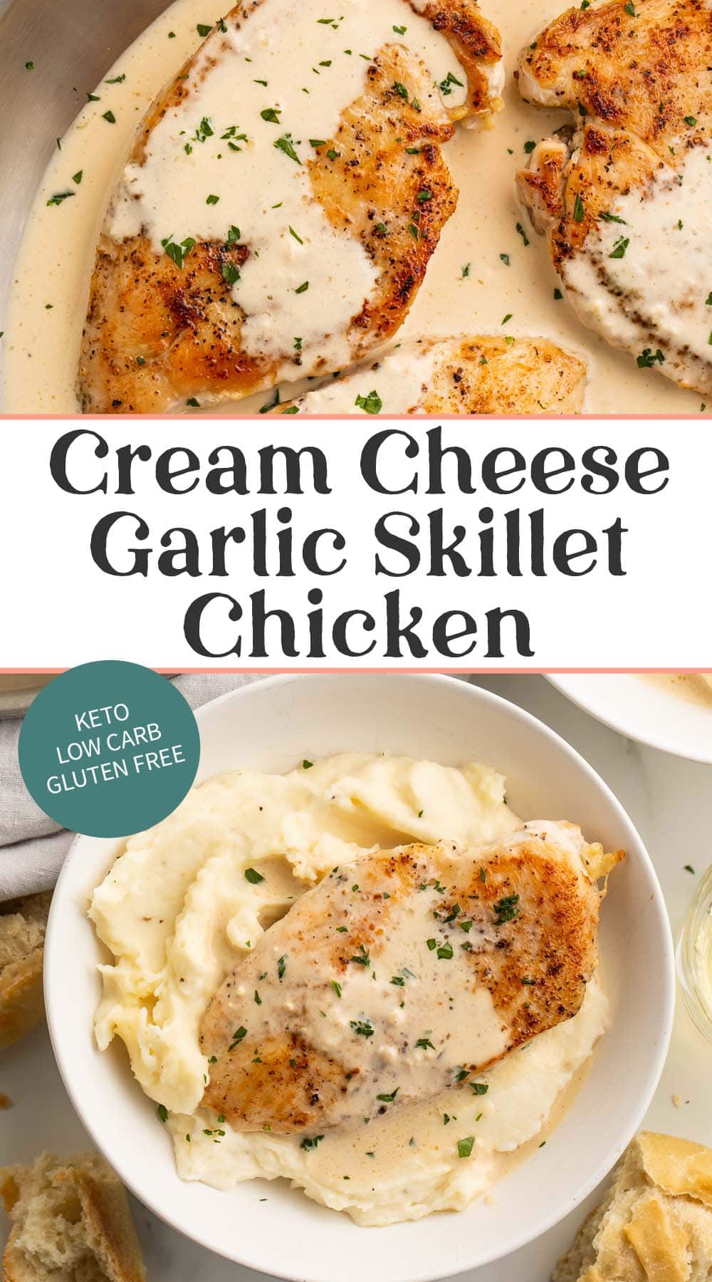 Pin graphic for garlic cream cheese skillet chicken.