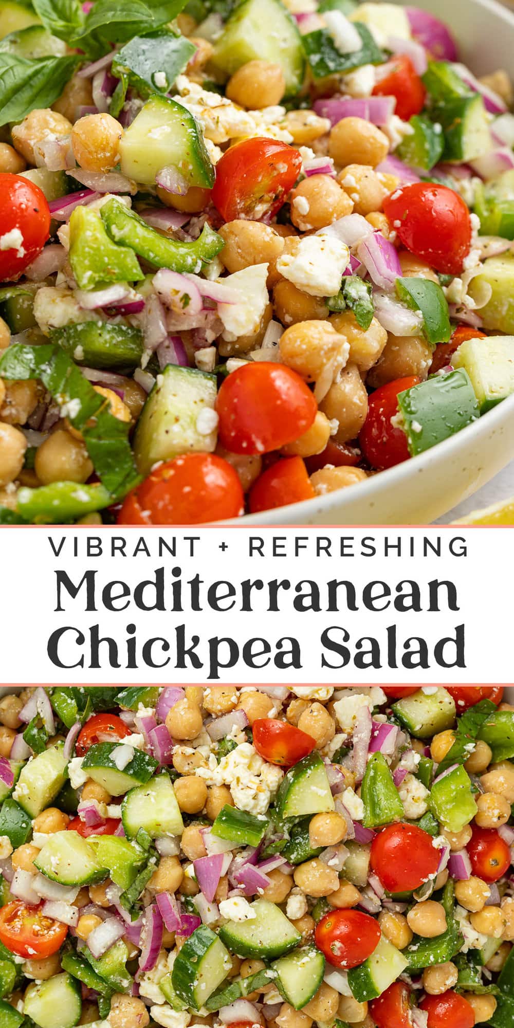 Pin graphic for Mediterranean chickpea salad.