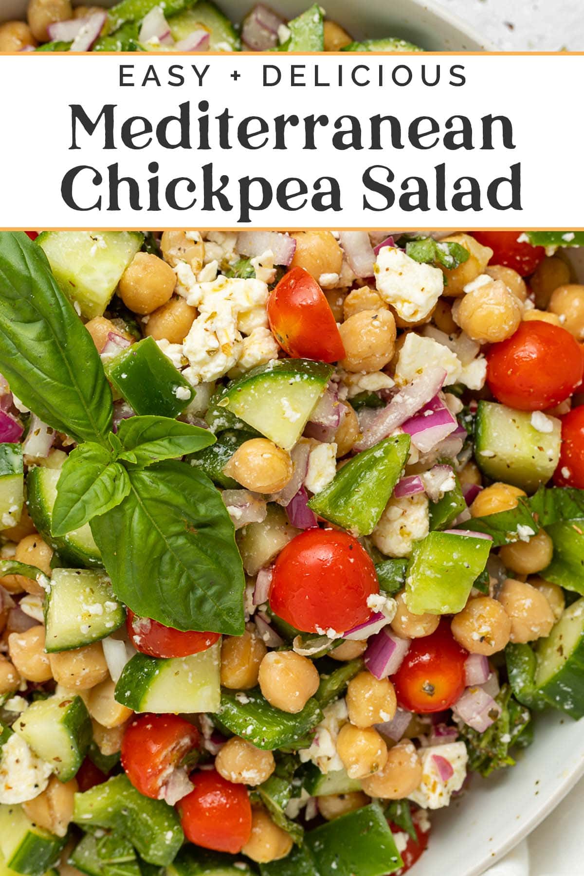 Pin graphic for Mediterranean chickpea salad.