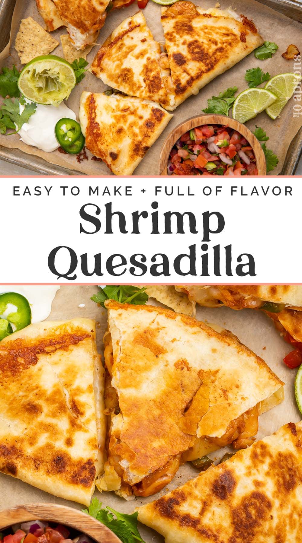 Pin graphic for shrimp quesadilla.