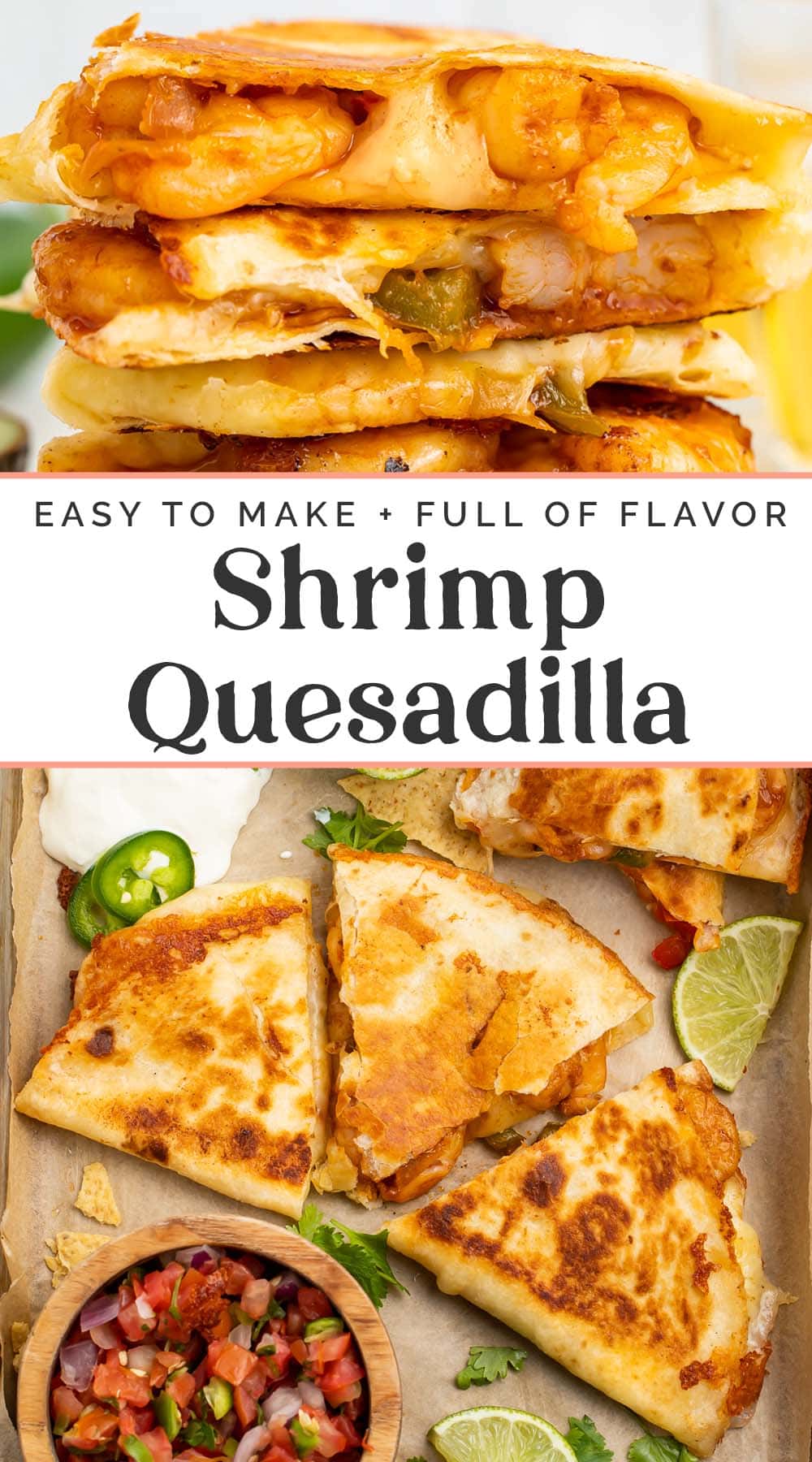 Pin graphic for shrimp quesadilla.