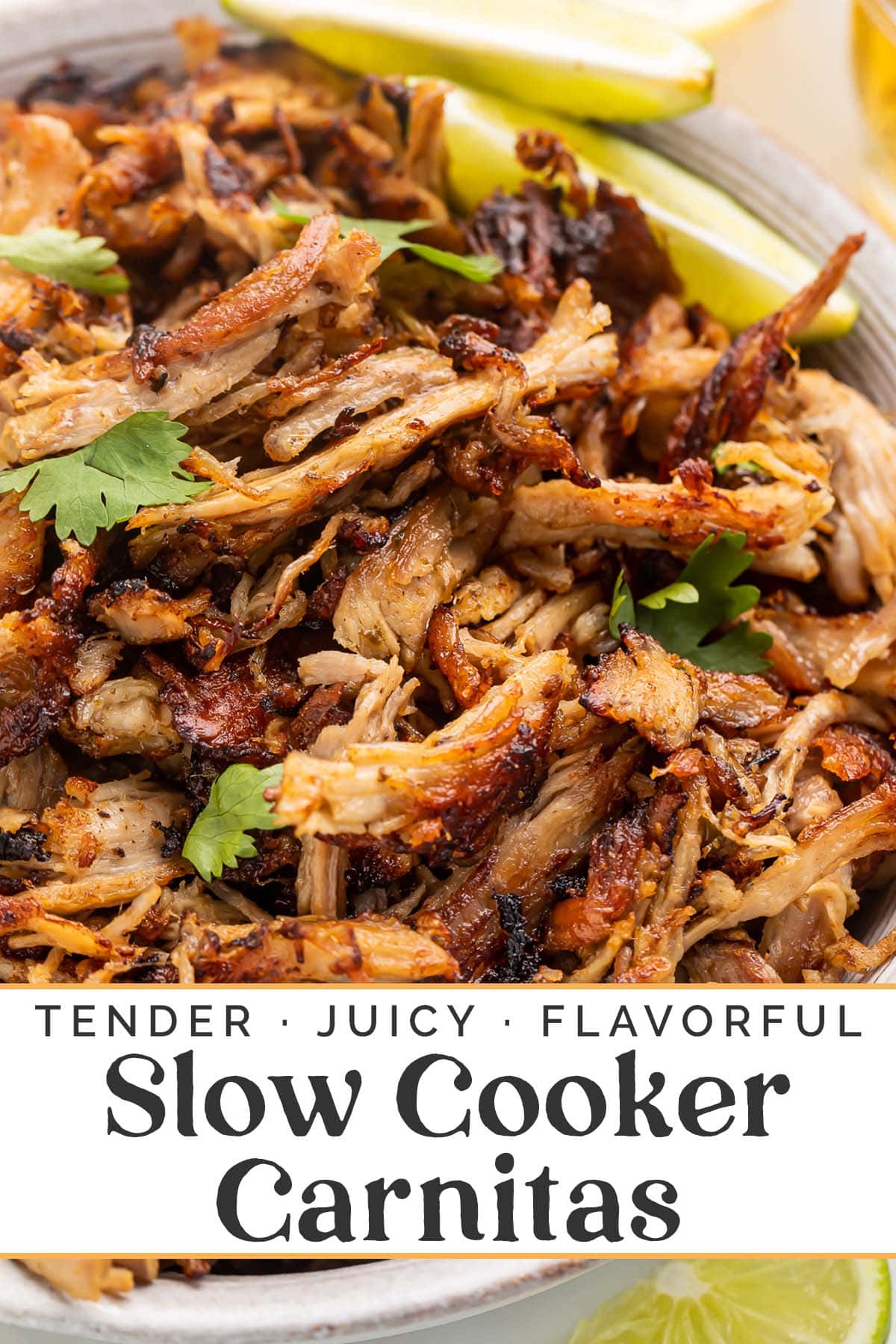 Pin graphic for slow cooker carnitas.