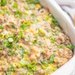 Whole30 sausage, egg, and hashbrown breakfast casserole in a casserole dish.
