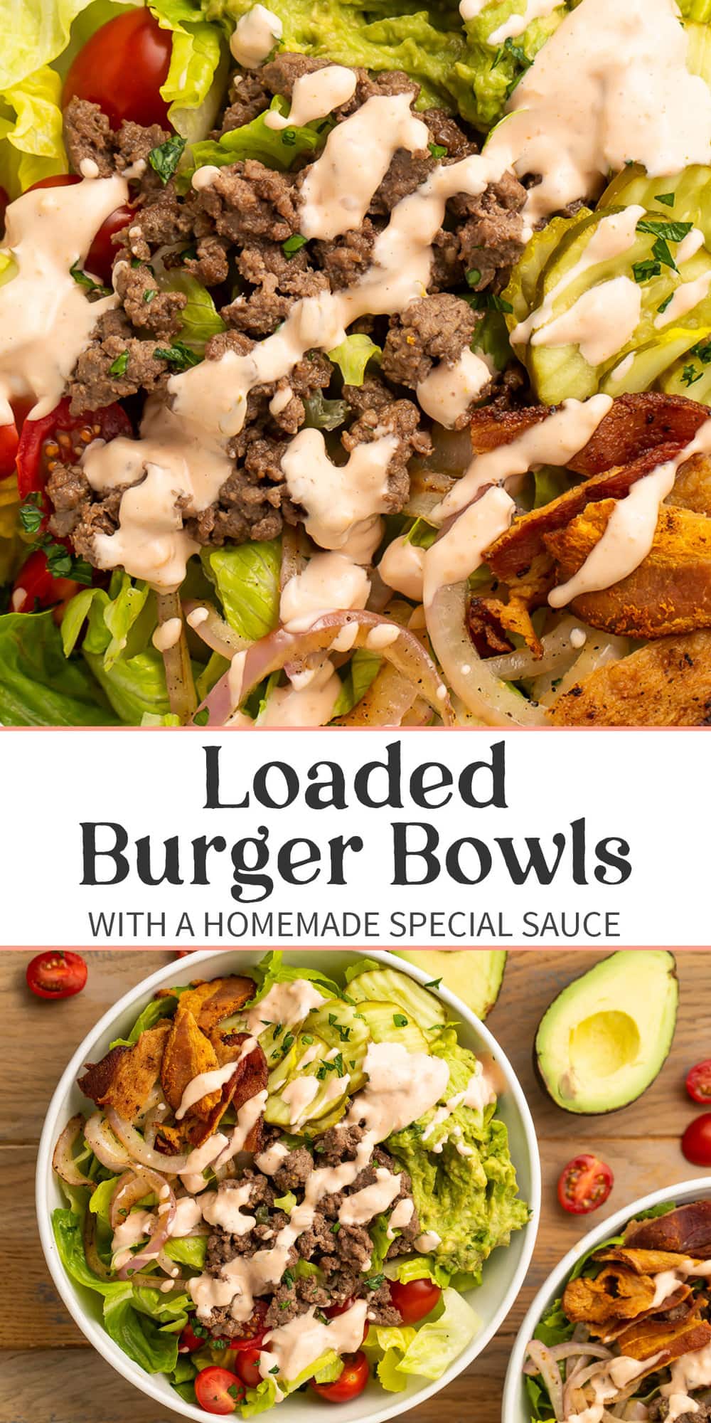 Pin graphic for loaded burger bowls.
