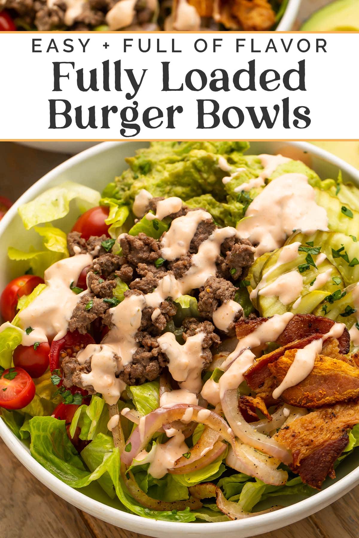 Pin graphic for loaded burger bowls.