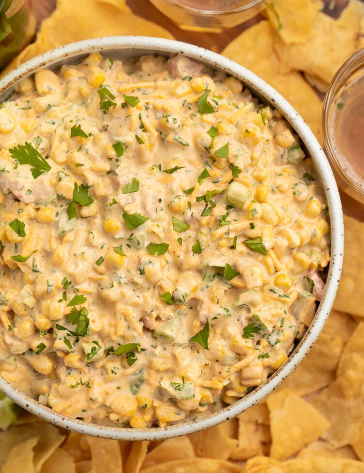 Top down view of a bowl of Mexican corn dip surrounded by tortilla chips.