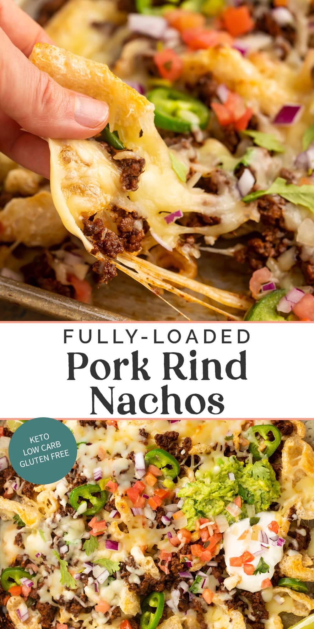 Pin graphic for pork rind nachos.