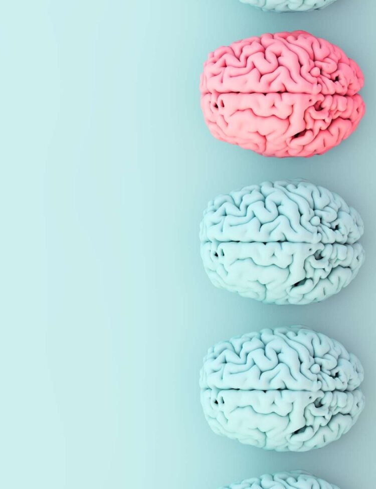 4 blue brains and 1 pink brain against a light blue background.