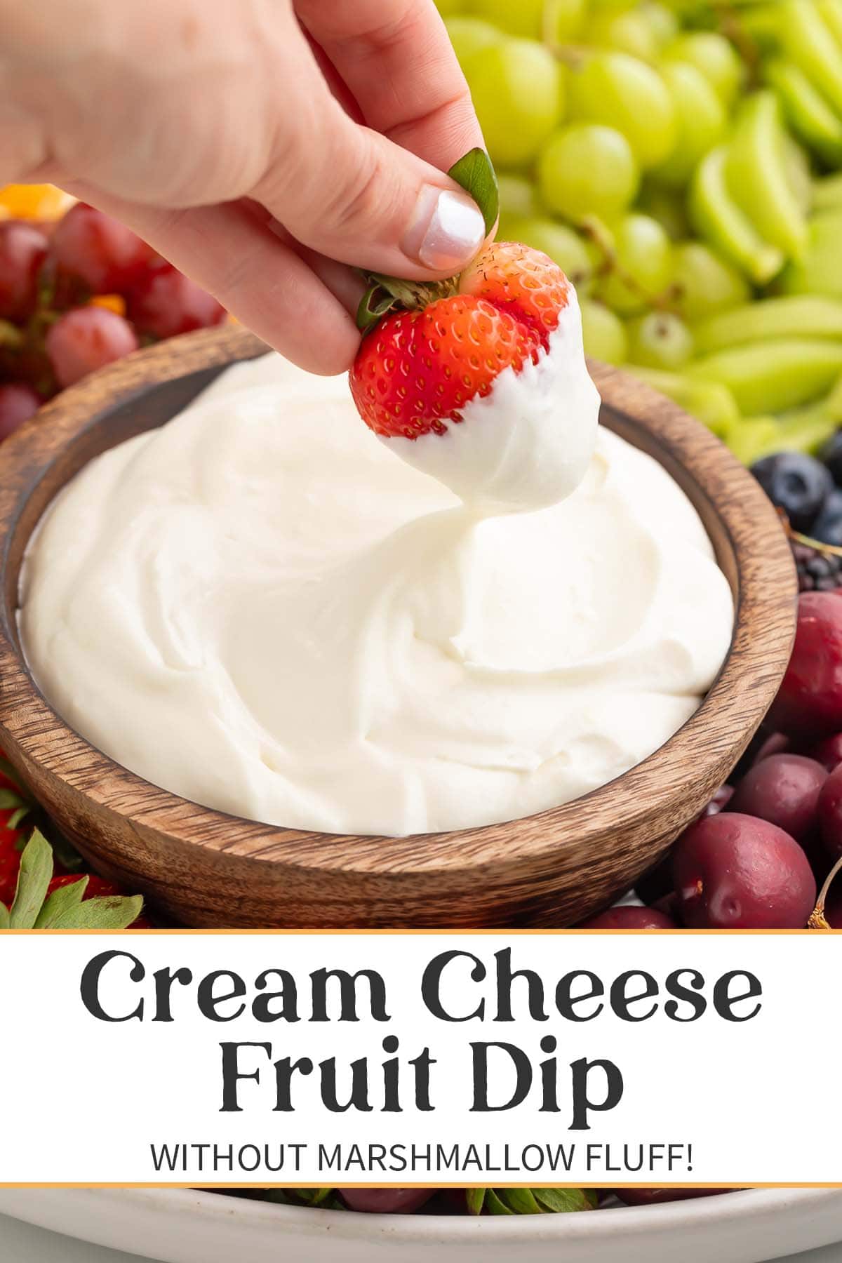 Pin graphic for cream cheese fruit dip.