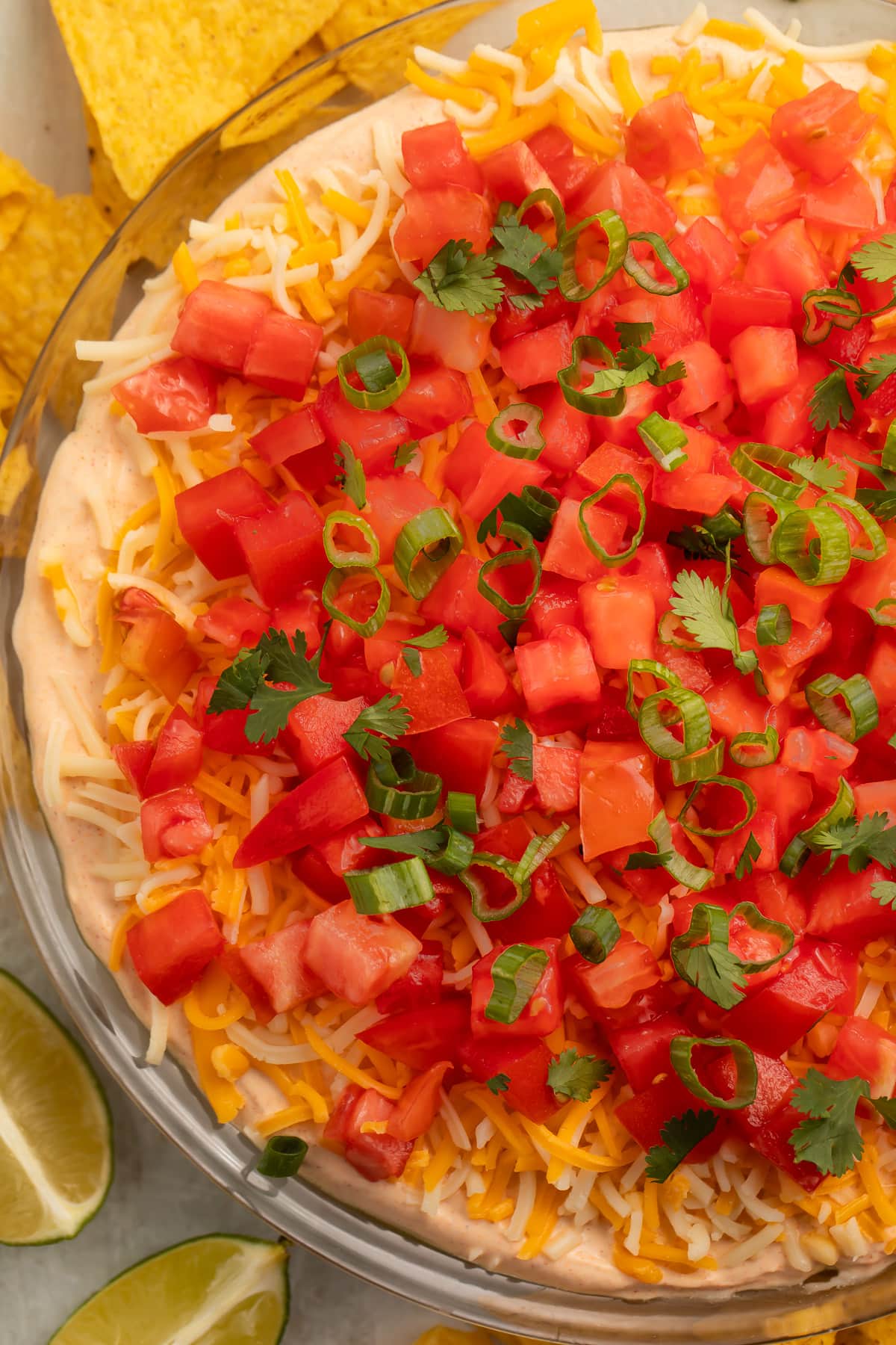 Top-down, overhead view of a 5 layer dip topped with gorgeous bright red tomatoes. Half the bowl is out of frame on the right side of the image.