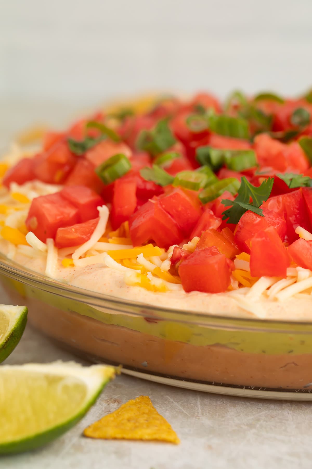 Side view of a shallow glass bowl of a Mexican 5 layer dip with beans, guac, sour cream, shredded cheese, and tomatoes.