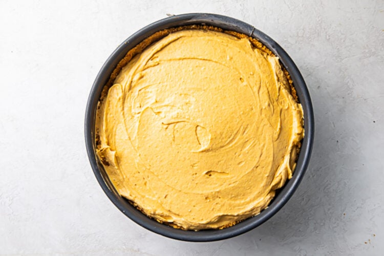No bake pumpkin cheesecake in a 9-inch round metal springform pan.