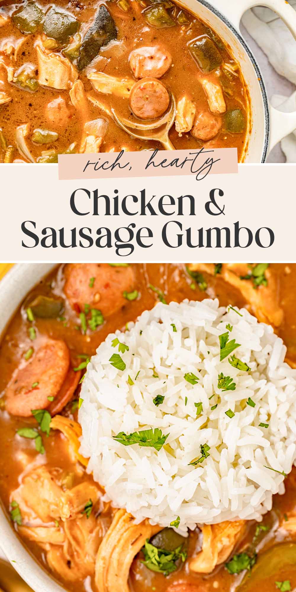 Pin graphic for chicken and sausage gumbo.