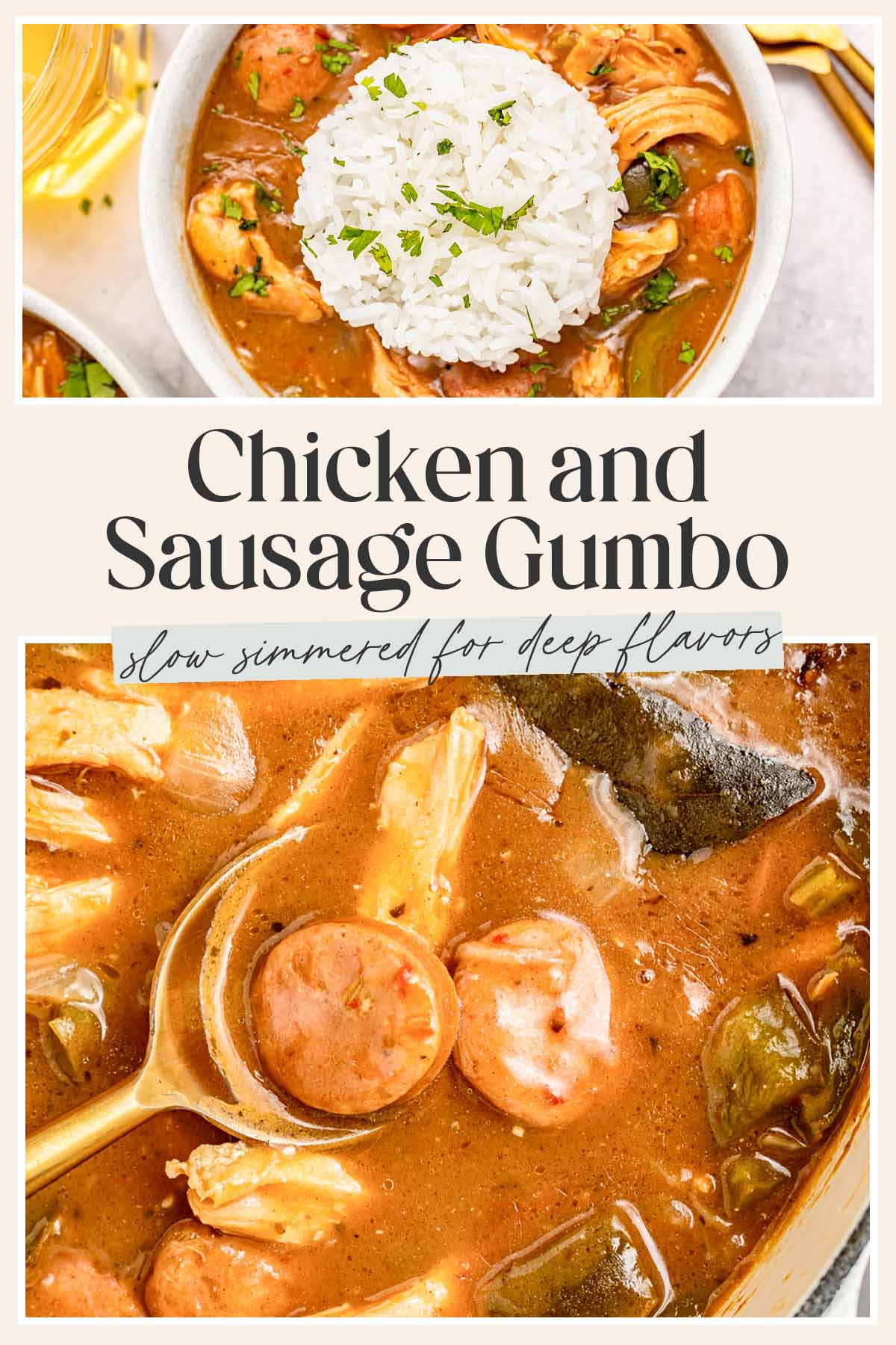 Pin graphic for chicken and sausage gumbo.