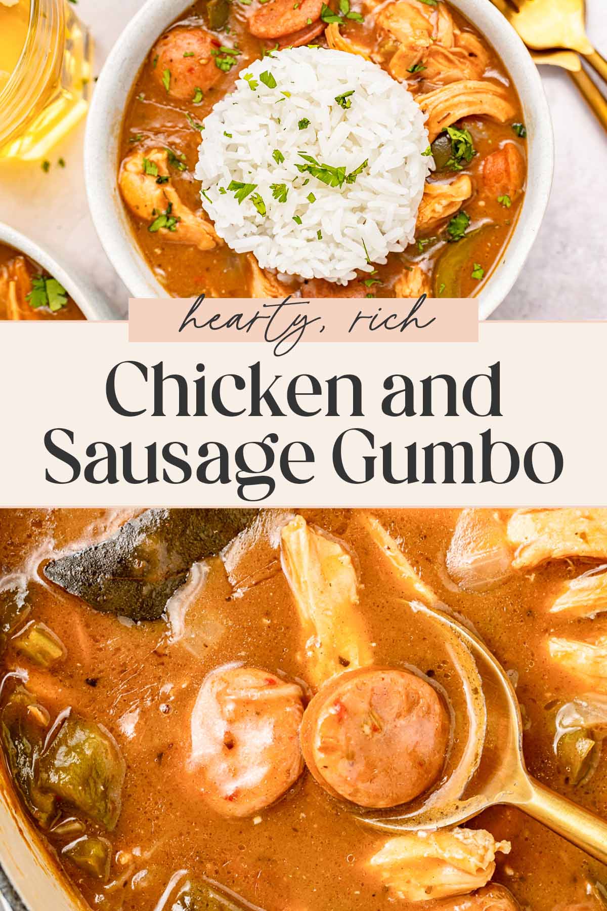 Pin graphic for chicken and sausage gumbo.