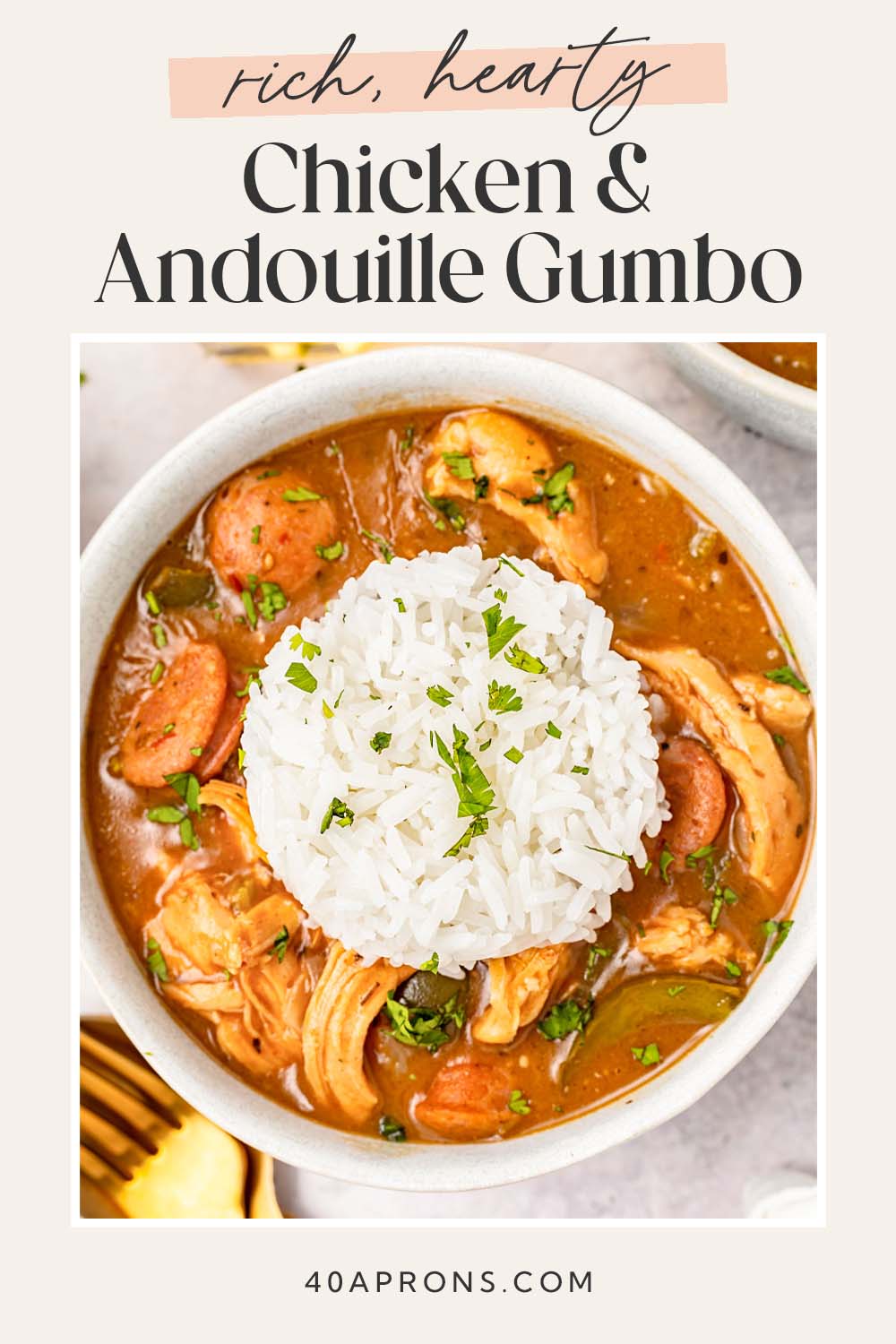 Pin graphic for chicken and sausage gumbo.