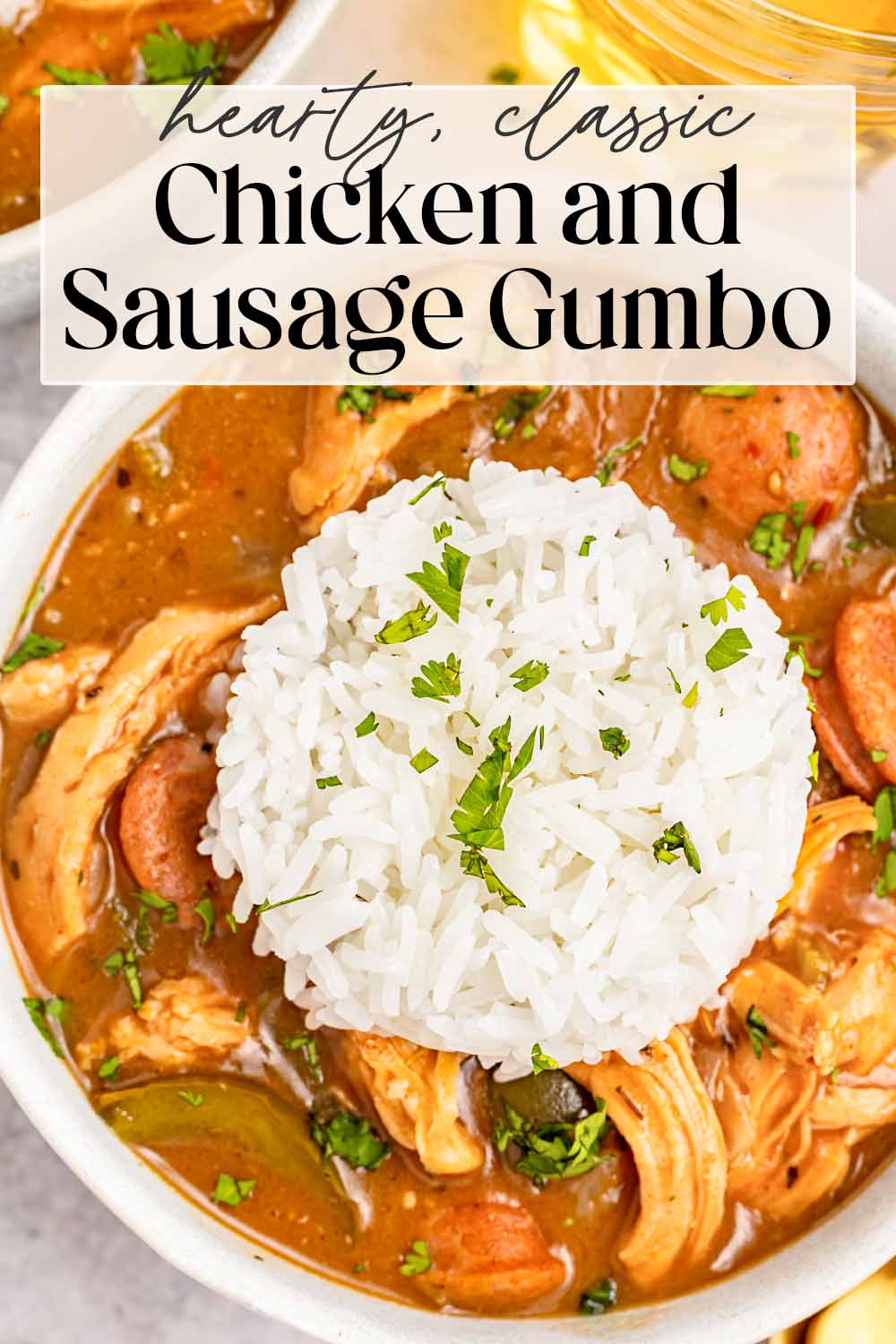 Pin graphic for chicken and sausage gumbo.