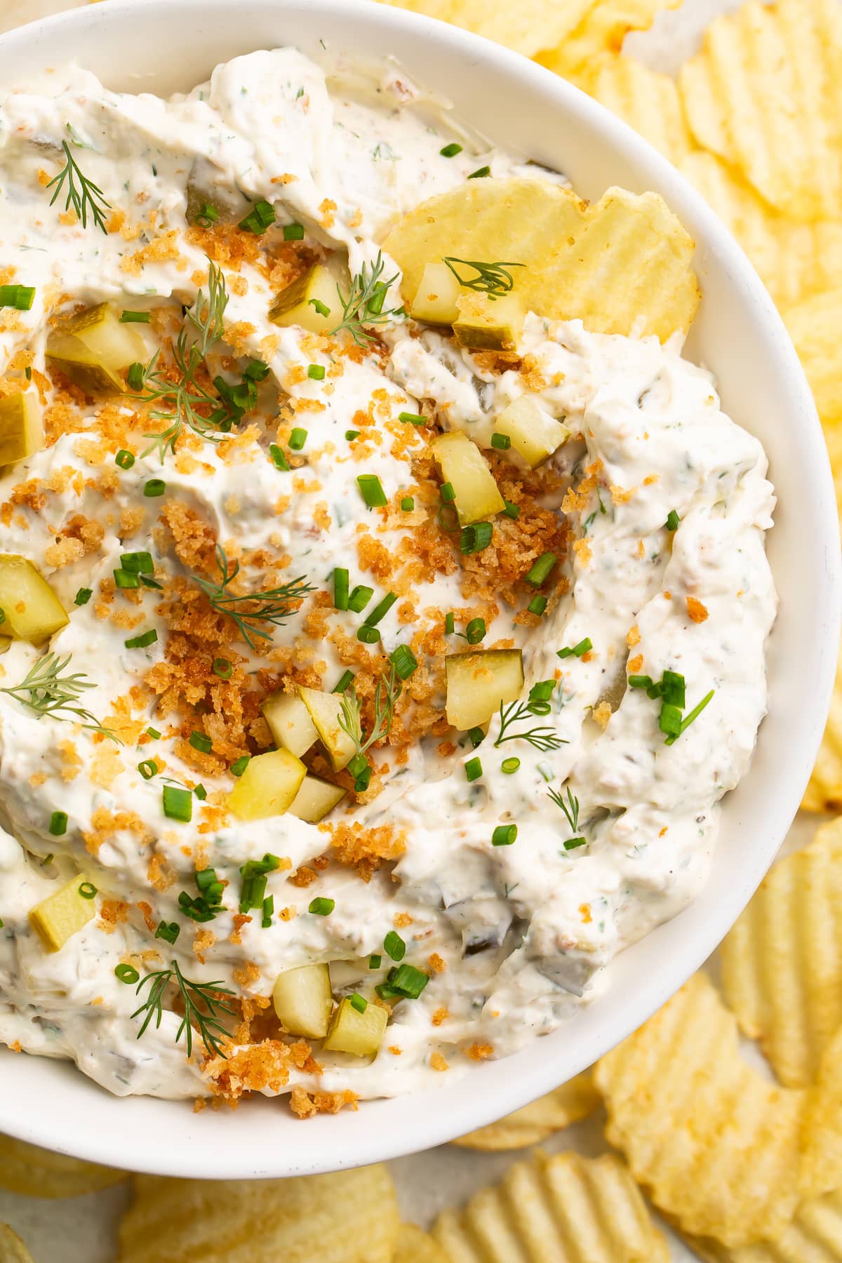 Close-up look at a large white bowl holding a fried pickle dip made with cream cheese, sour cream, dill pickles, and breadcrumbs.