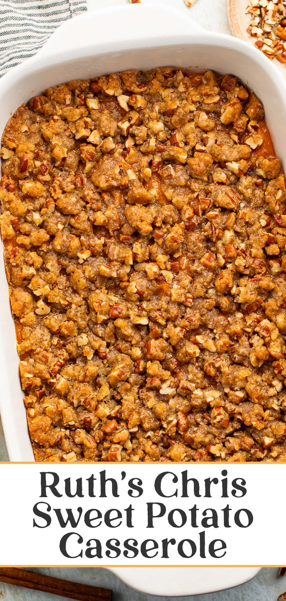 Pin graphic for Ruth's Chris sweet potato casserole.