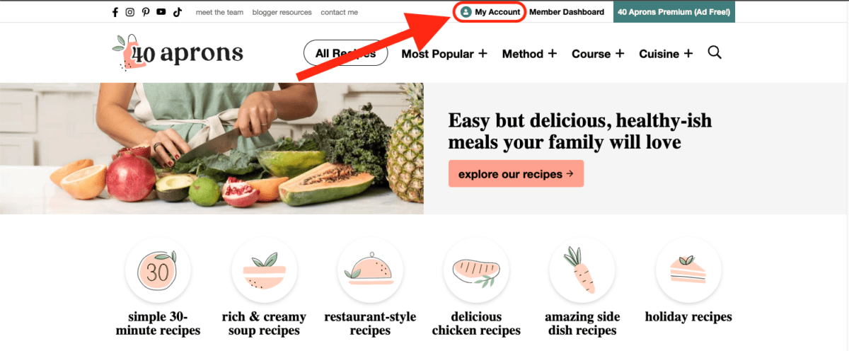 A screenshot of the 40 Aprons homepage drawing attention to the Account Dashboard button at the top of the header.