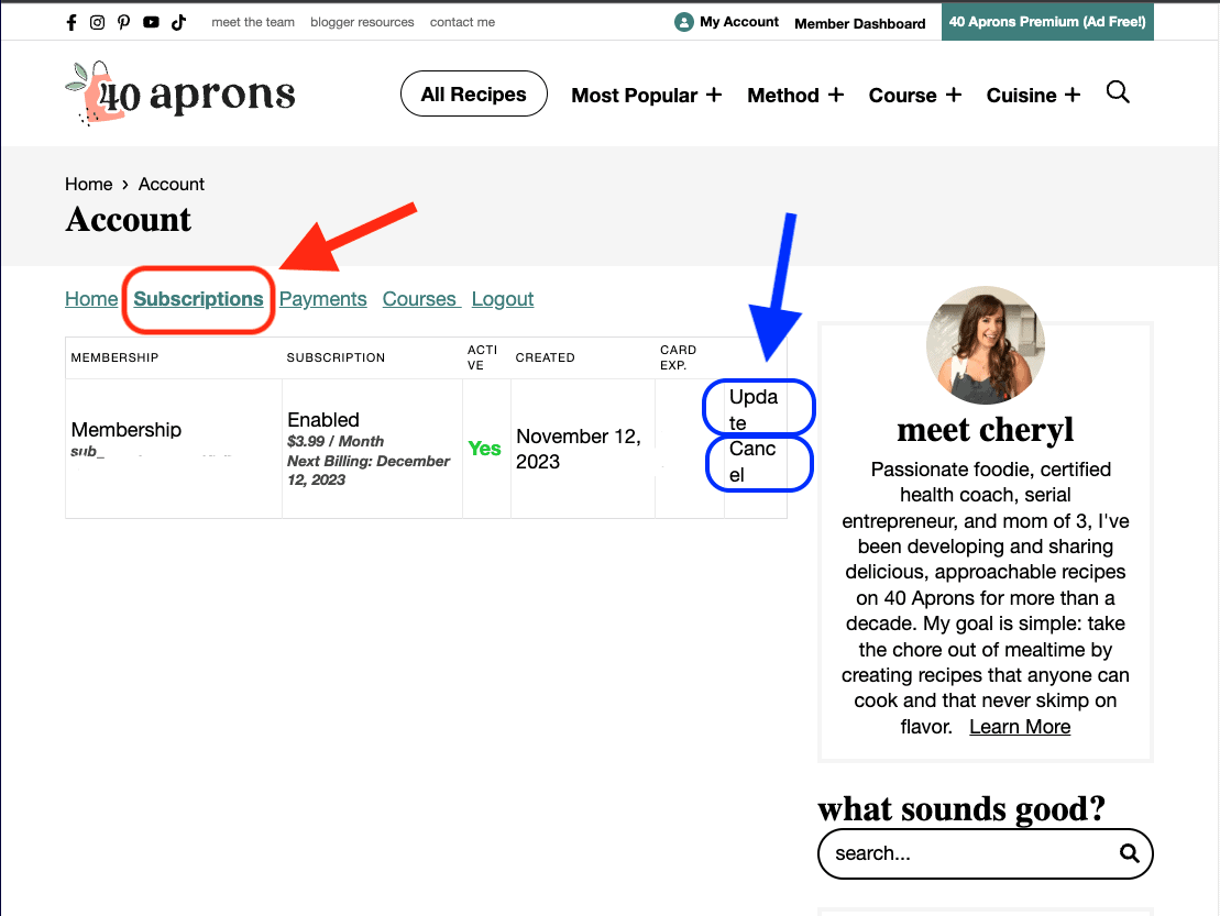 A screenshot of the 40 Aprons homepage drawing attention to the Subscriptions tab and the update and cancel buttons.