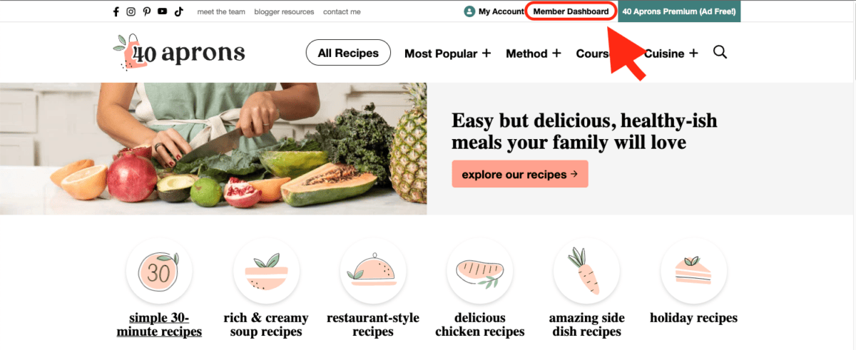 A screenshot of the 40 Aprons homepage drawing attention to the Member Dashboard button at the top of the header.