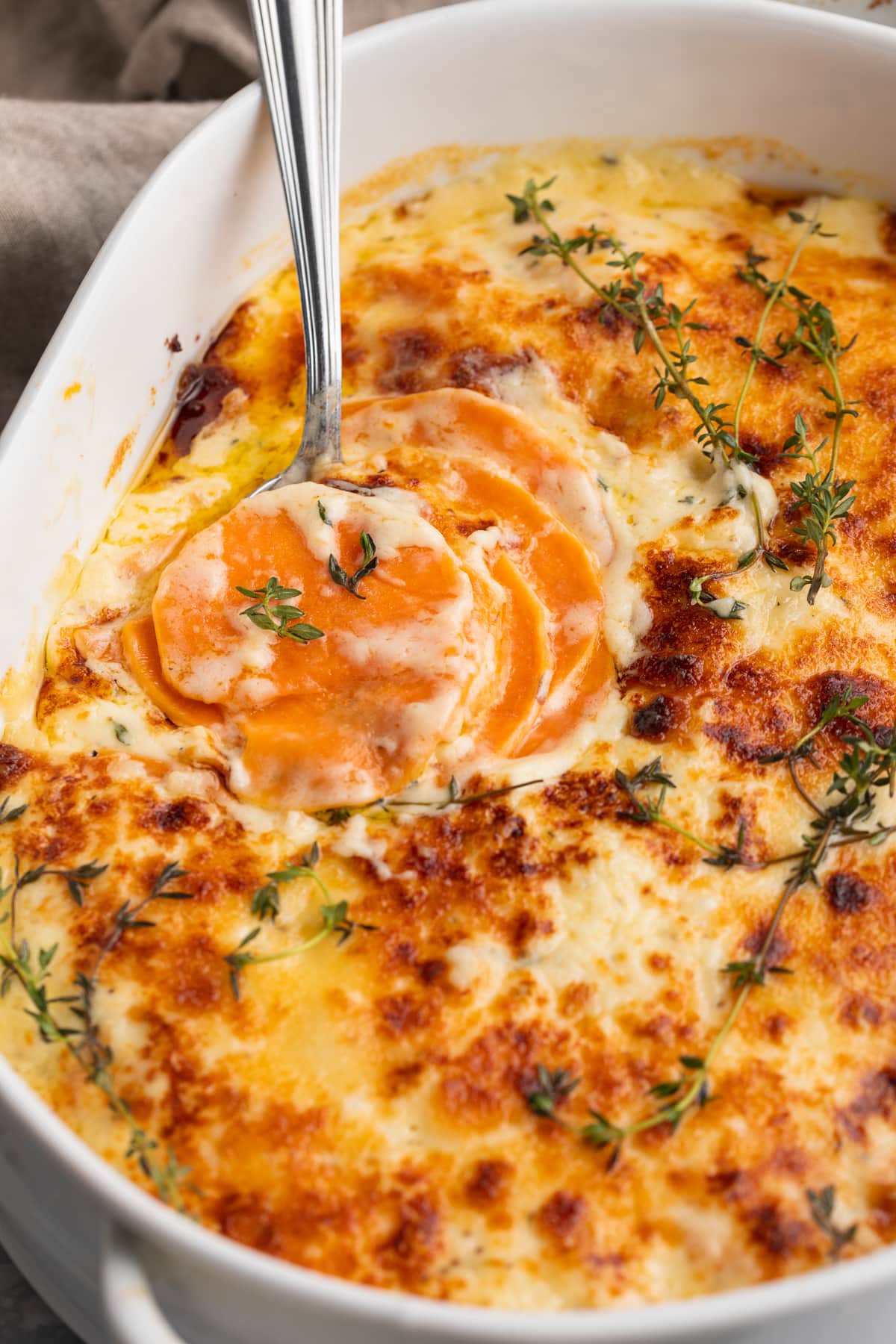 A casserole dish of creamy scalloped sweet potatoes with a cheesy sauce.
