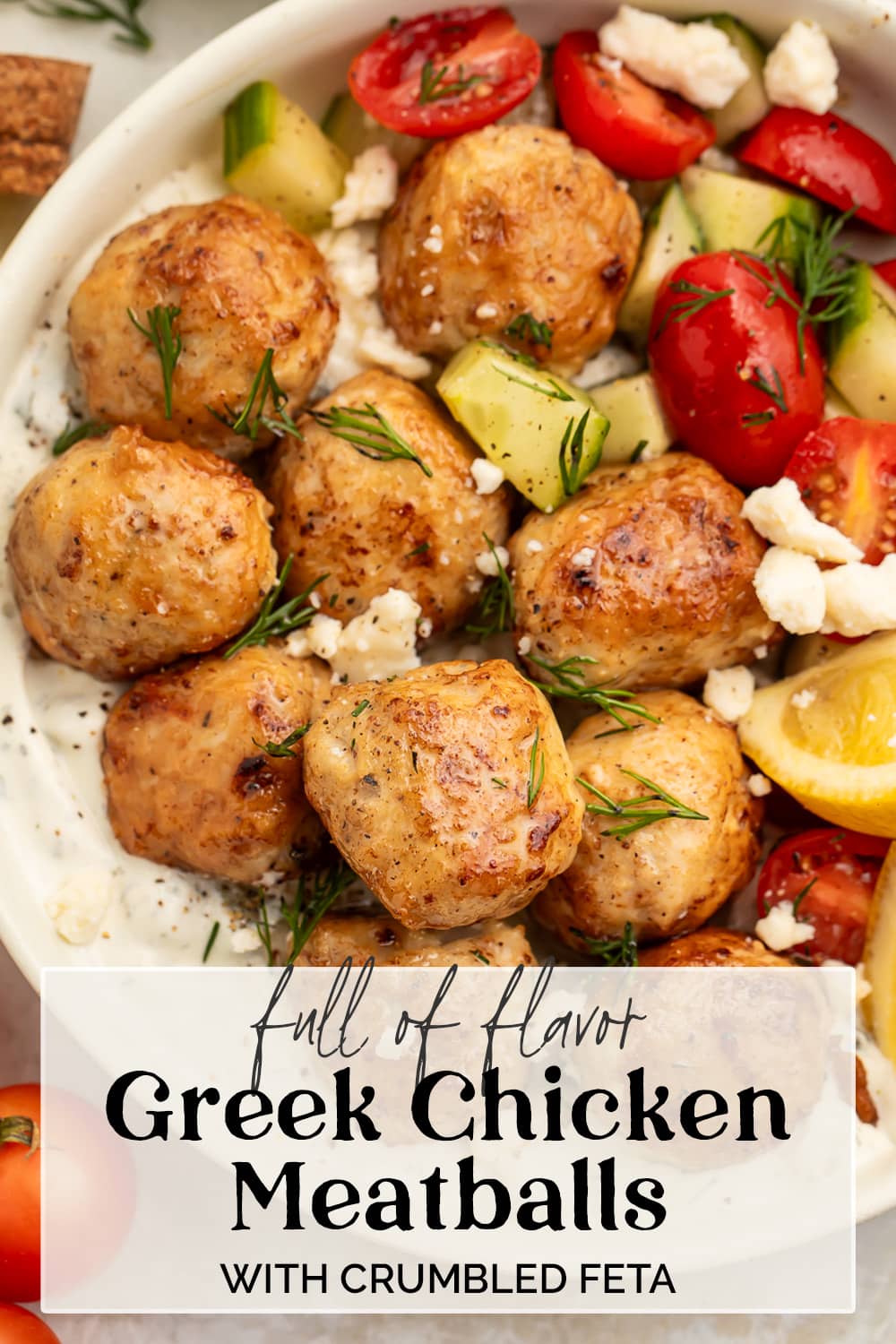 Pin graphic for Greek chicken meatballs.