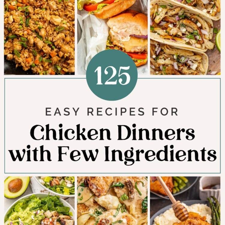 Cover graphic for 125 easy chicken recipes for dinners with few ingredients.