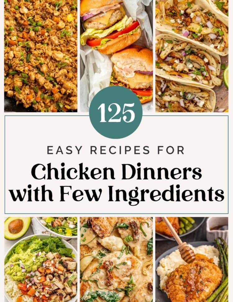 Cover graphic for 125 easy chicken recipes for dinners with few ingredients.