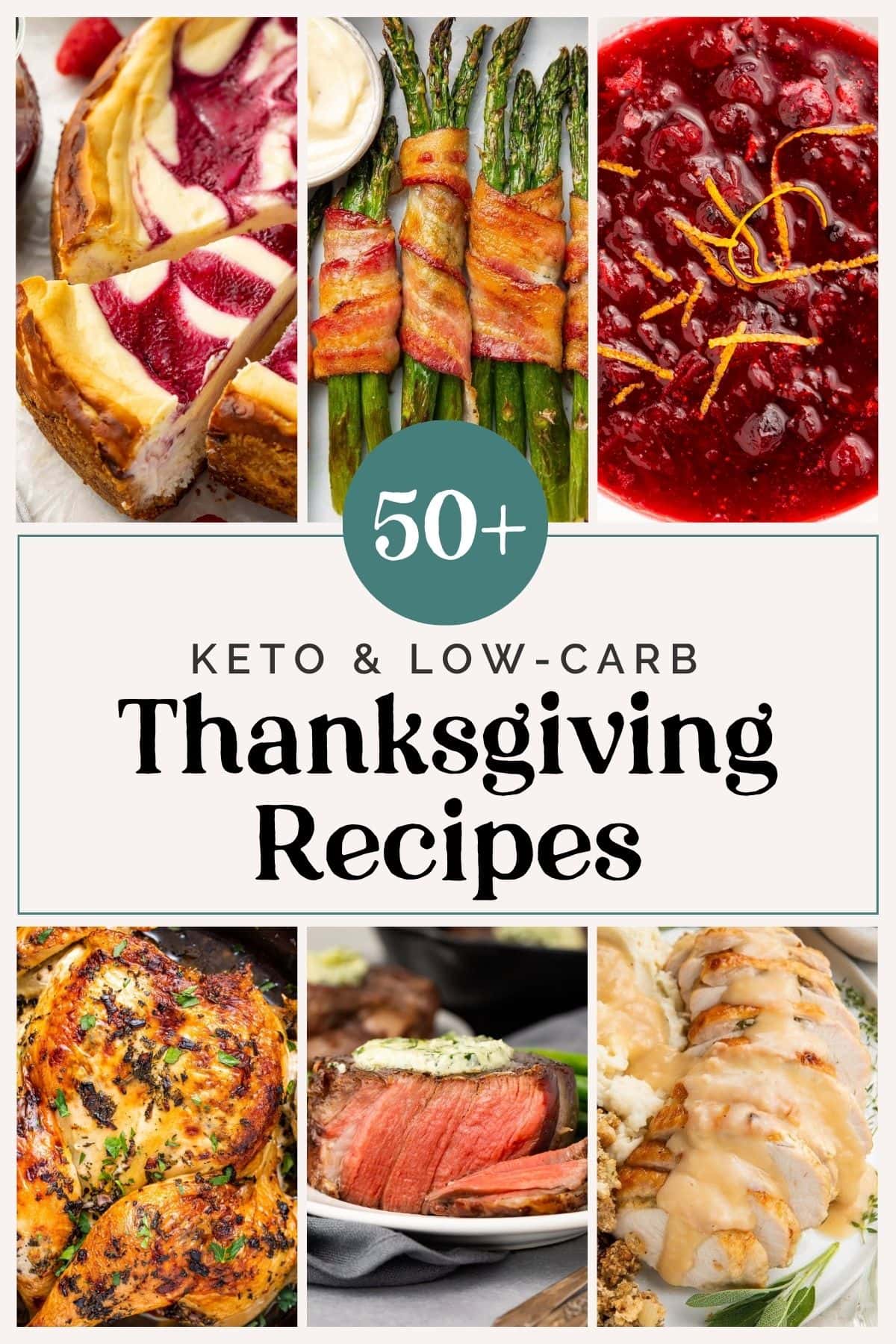 Graphic for 50+ low carb and keto Thanksgiving recipes roundup.