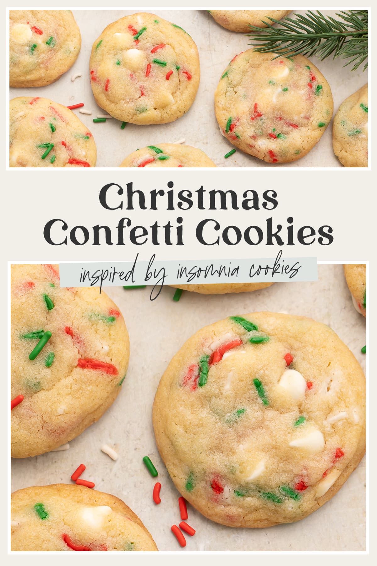 Pin graphic for Christmas confetti cookies.