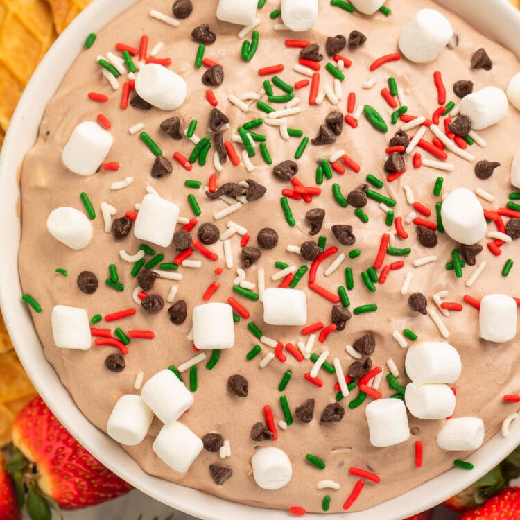 Top-down photo of hot cocoa dip in a large white bowl. The dip is topped with mini marshmallows, holiday sprinkles, and mini chocolate chips.