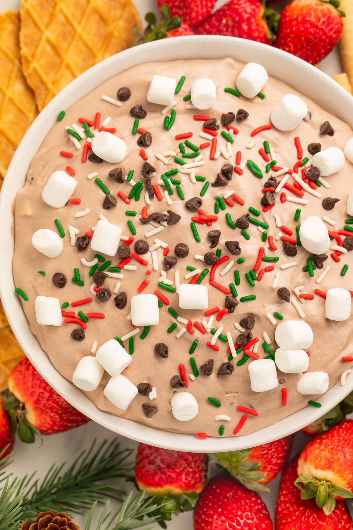 Top-down photo of hot cocoa dip in a large white bowl. The dip is topped with mini marshmallows, holiday sprinkles, and mini chocolate chips.