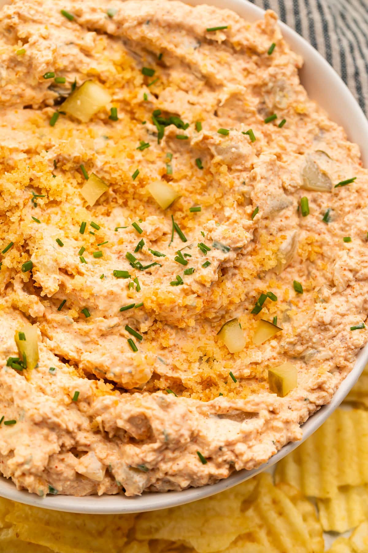 Close-up of a large bowl of Nashville hot chicken dip topped with toasted breadcrumbs and surrounded by potato chips.