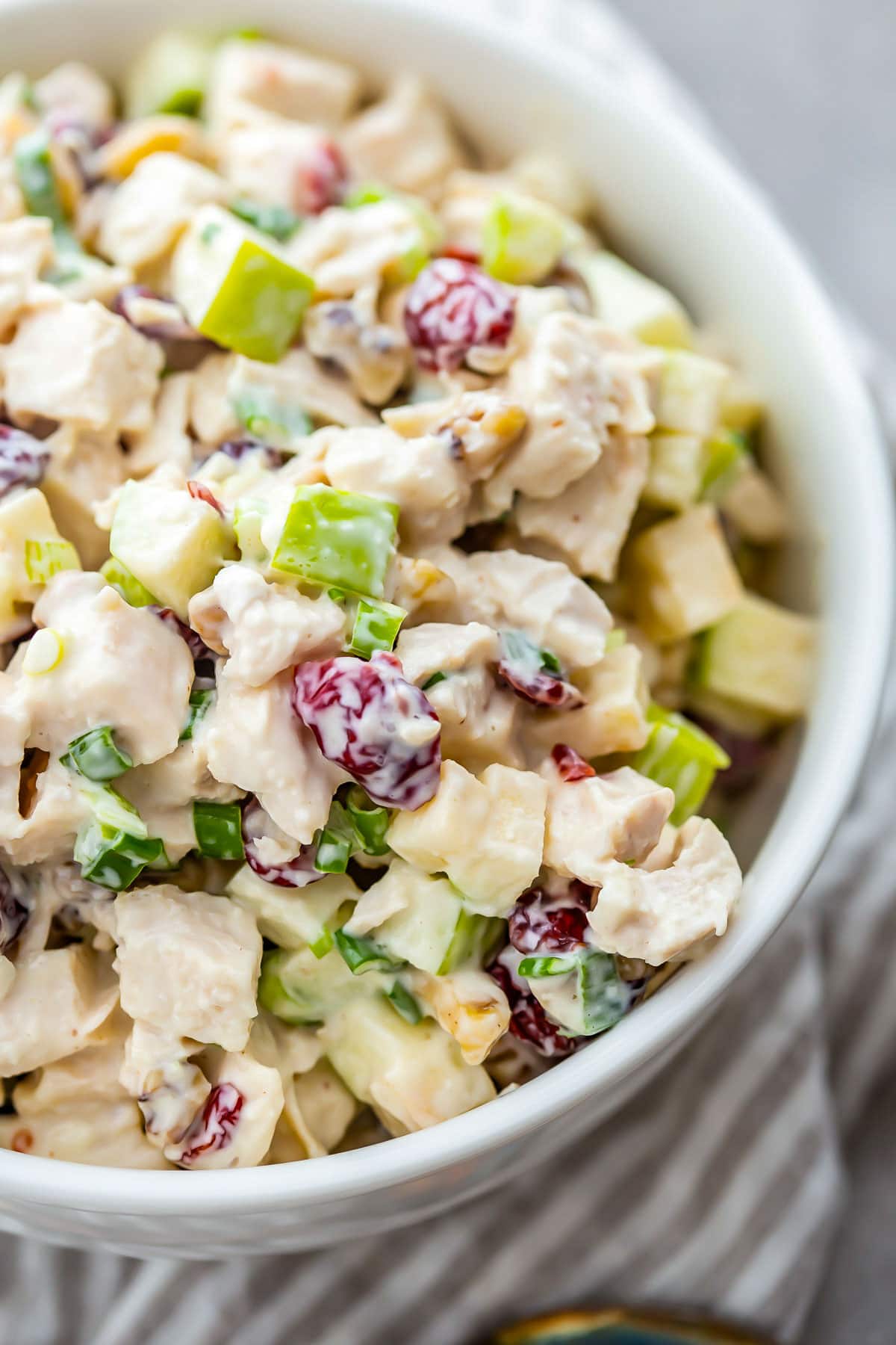 A bowl of cranberry walnut chicken salad, with diced chicken, diced green apples, and dried cranberries.