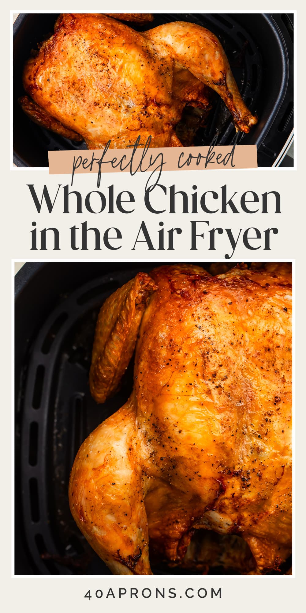 Pin graphic for air fryer whole chicken.