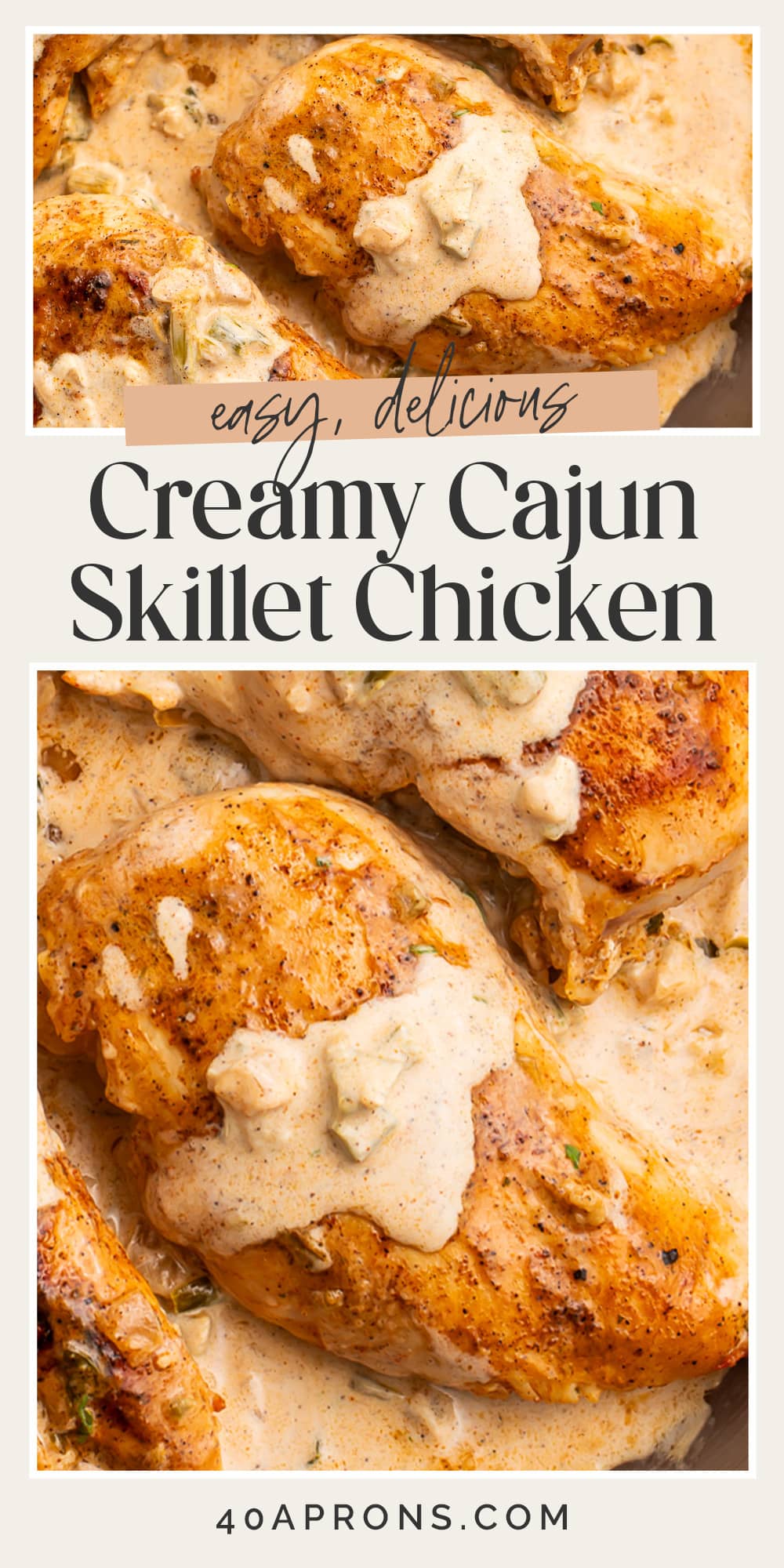 Pin graphic for creamy Cajun chicken skillet.