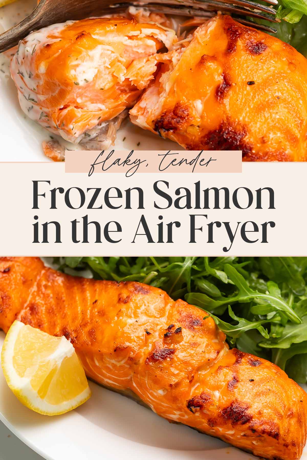 Pin graphic for frozen salmon in the air fryer.