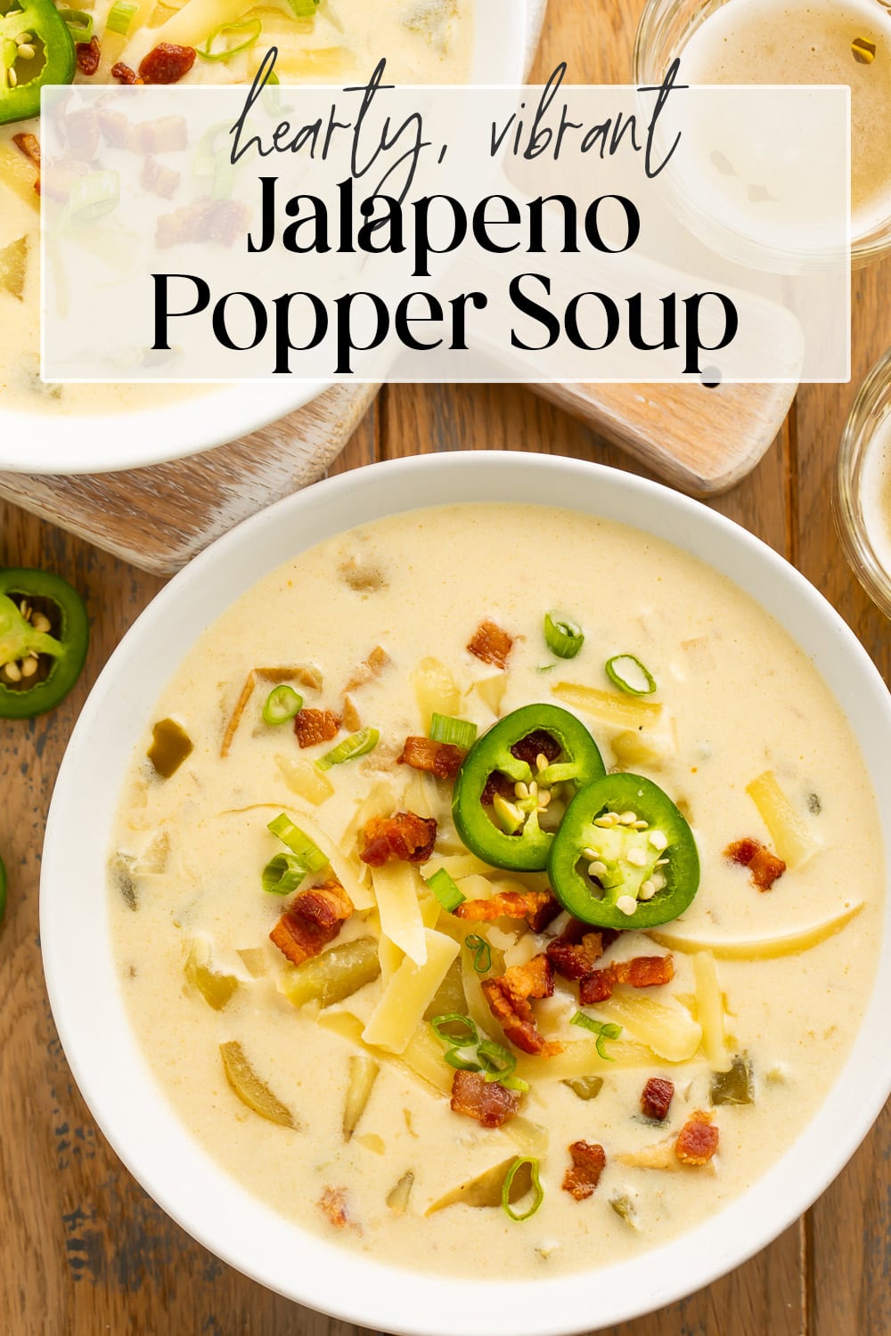 Pin graphic for jalapeño popper soup.