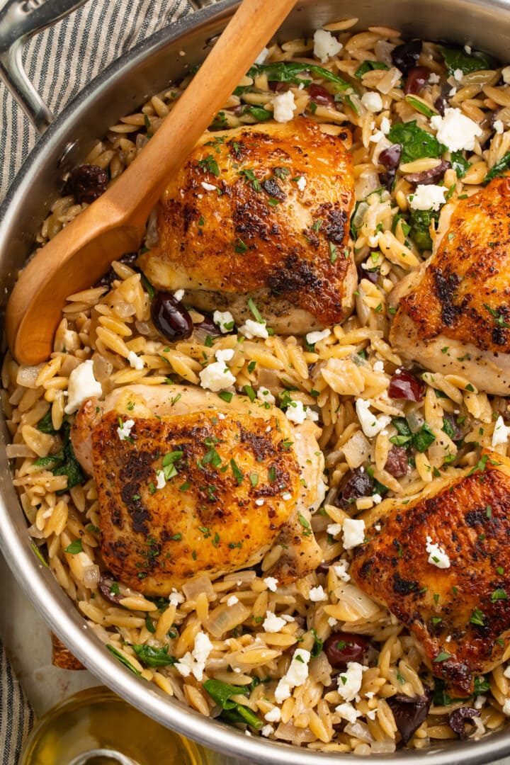 Greek Chicken Skillet with Orzo, Feta, and Spinach