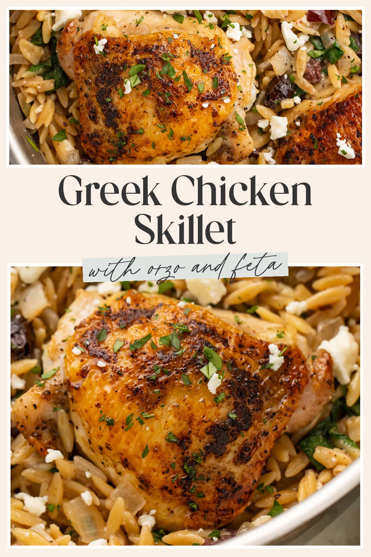 Pin graphic for Greek chicken skillet.