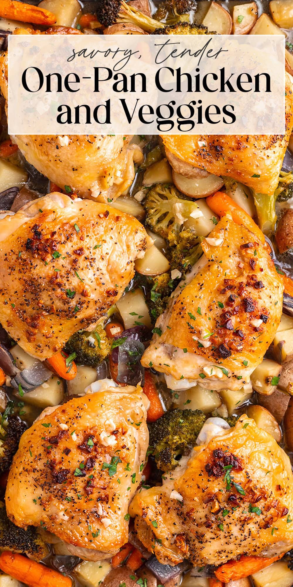 Pin graphic for one-pan chicken and veggies.
