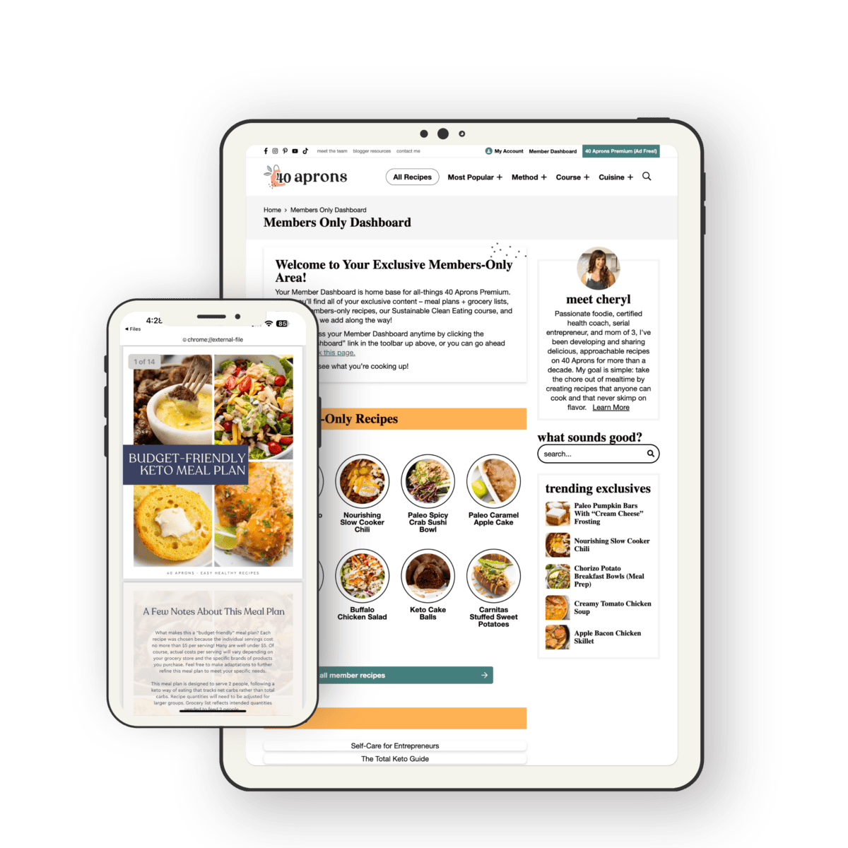 40 Aprons Premium member pages on a tablet and a smartphone.